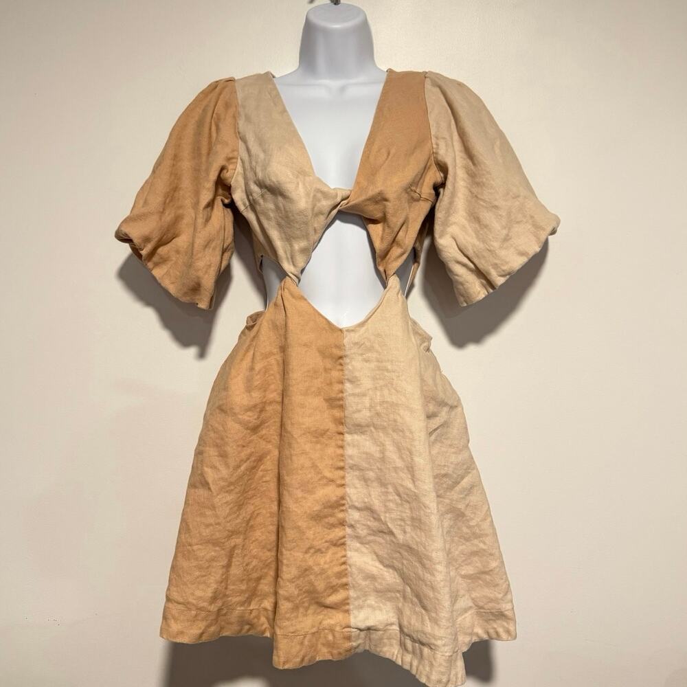 Sovere Linen Cutout Mini Dress Women's M Beige Tan Puff Sleeve Resort Vacation